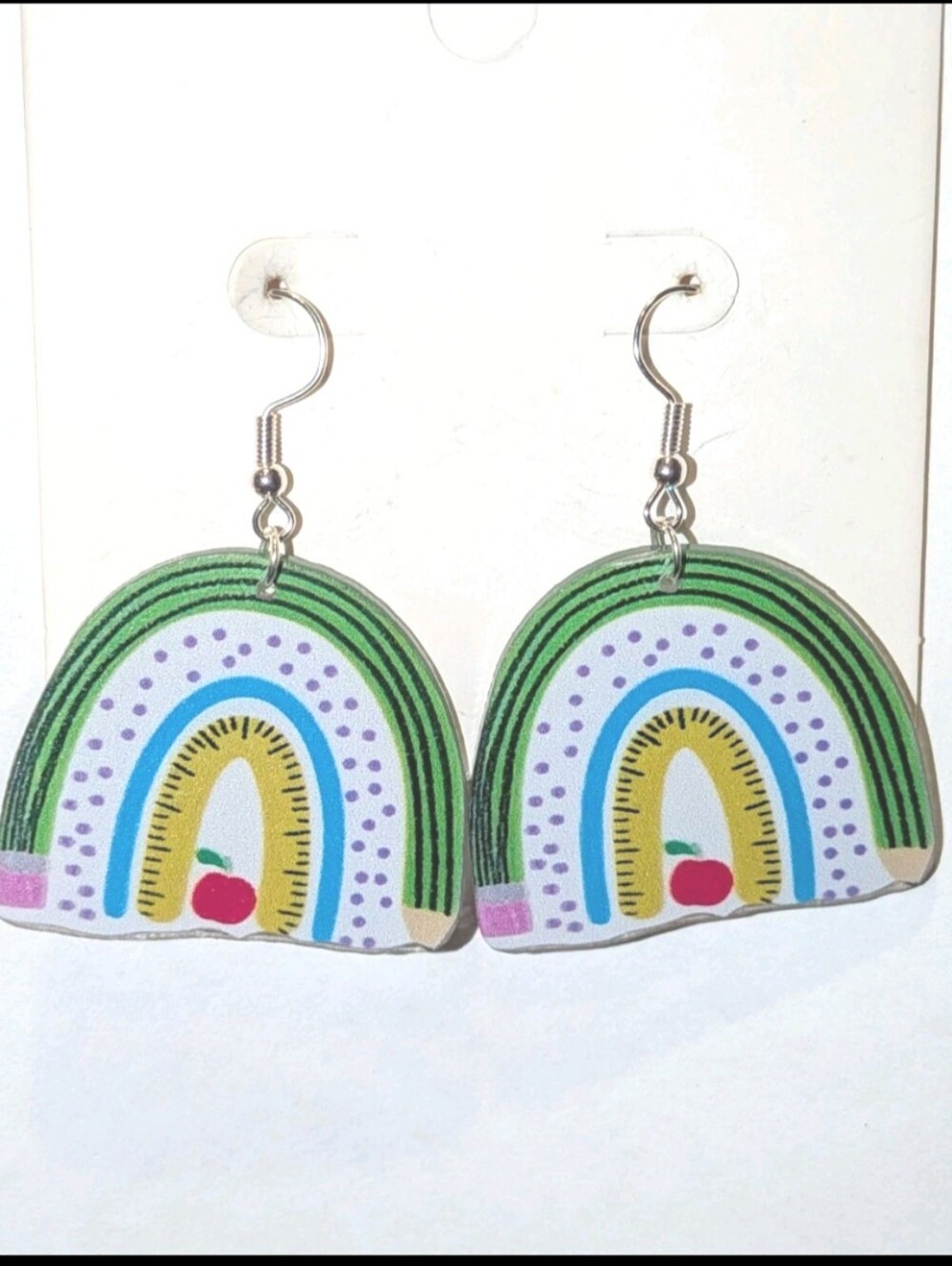 Hand Crafted Green Rainbow Earrings with Blue, Purple, Yellow and Red Accents